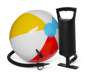 Photo of Inflatable ball and manual air pump isolated on white
