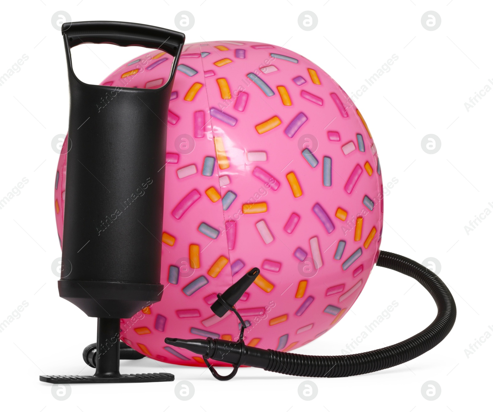 Inflatable ball and manual air pump isolated on white Photo of Inflatable ball and manual air pump isolated on white