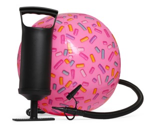 Photo of Inflatable ball and manual air pump isolated on white