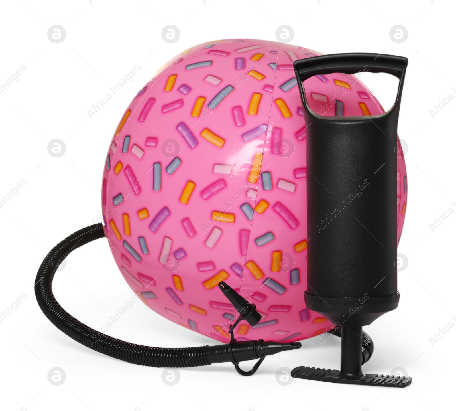 Inflatable ball and manual air pump isolated on white Photo of Inflatable ball and manual air pump isolated on white