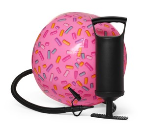 Photo of Inflatable ball and manual air pump isolated on white