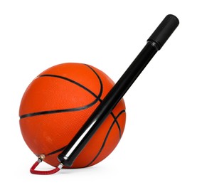 Photo of Basketball ball and manual air pump isolated on white