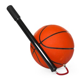 Photo of Basketball ball and manual air pump isolated on white