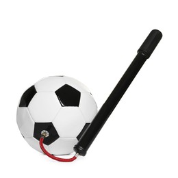 Photo of Soccer ball and manual air pump isolated on white
