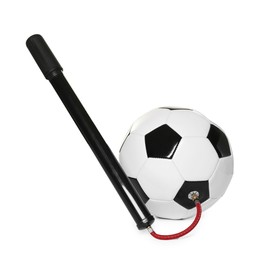 Photo of Soccer ball and manual air pump isolated on white