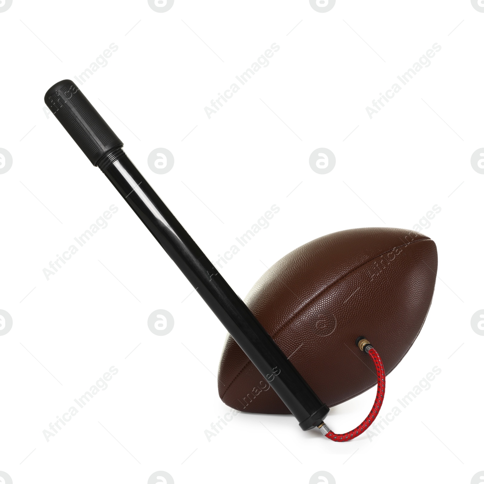 American football ball and manual air pump isolated on white Photo of American football ball and manual air pump isolated on white