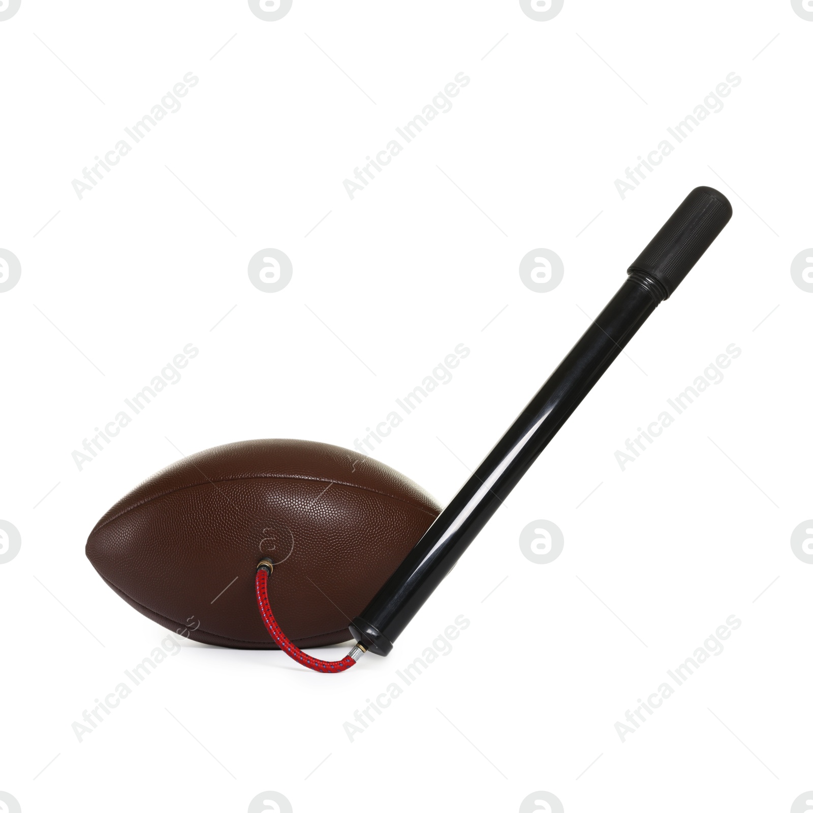 American football ball and manual air pump isolated on white Photo of American football ball and manual air pump isolated on white