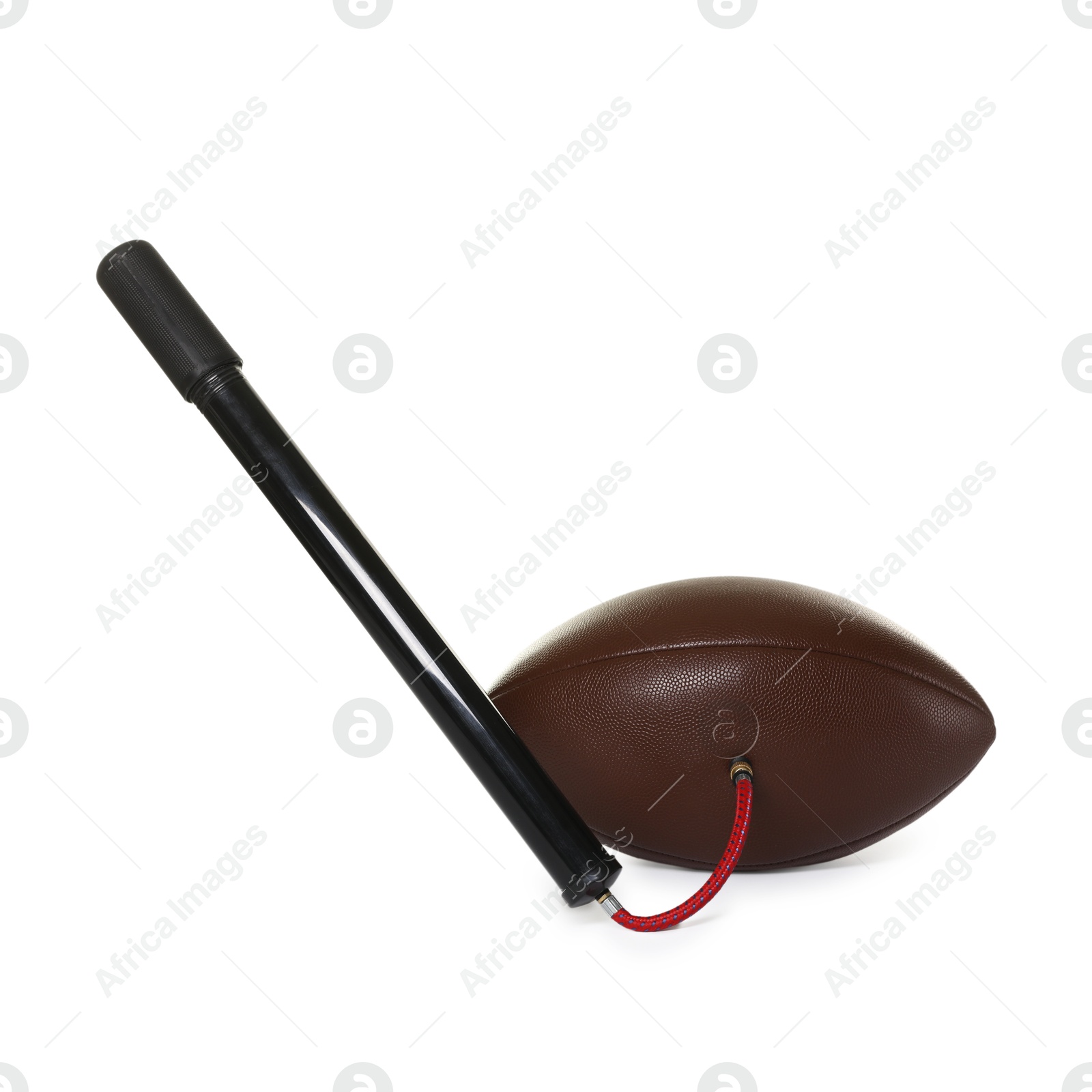 American football ball and manual air pump isolated on white Photo of American football ball and manual air pump isolated on white