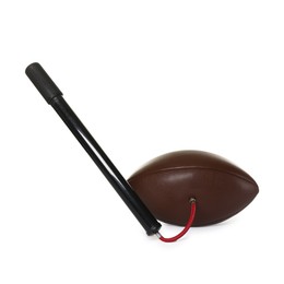 Photo of American football ball and manual air pump isolated on white