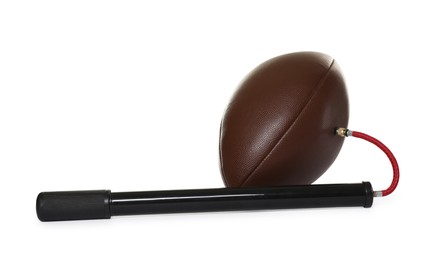 Photo of American football ball and manual air pump isolated on white