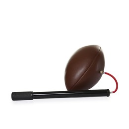 Photo of American football ball and manual air pump isolated on white