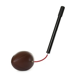 Photo of American football ball and manual air pump isolated on white