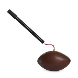 Photo of American football ball and manual air pump isolated on white