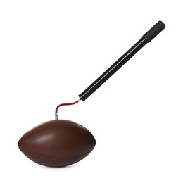 Photo of American football ball and manual air pump isolated on white