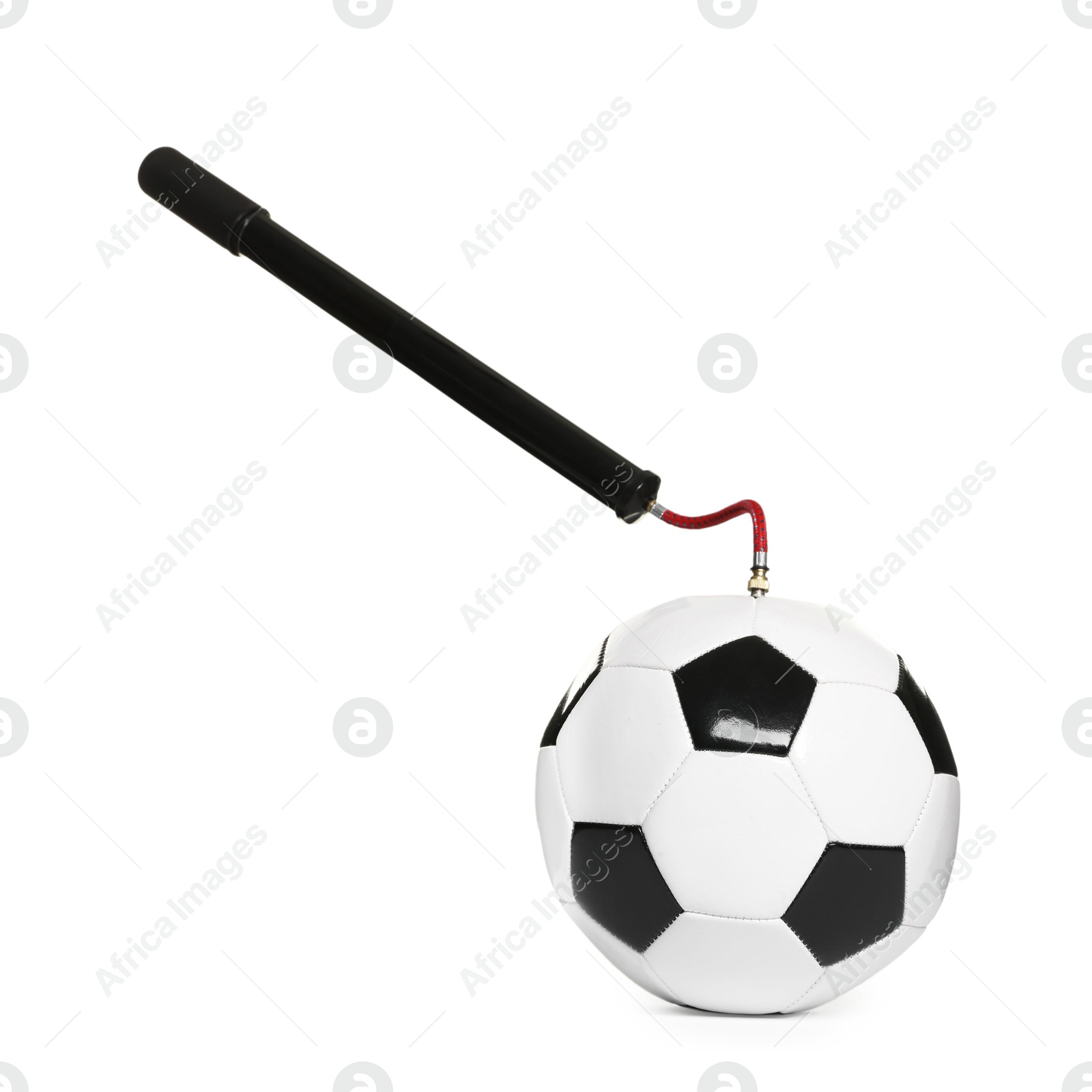 Soccer ball and manual air pump isolated on white Photo of Soccer ball and manual air pump isolated on white