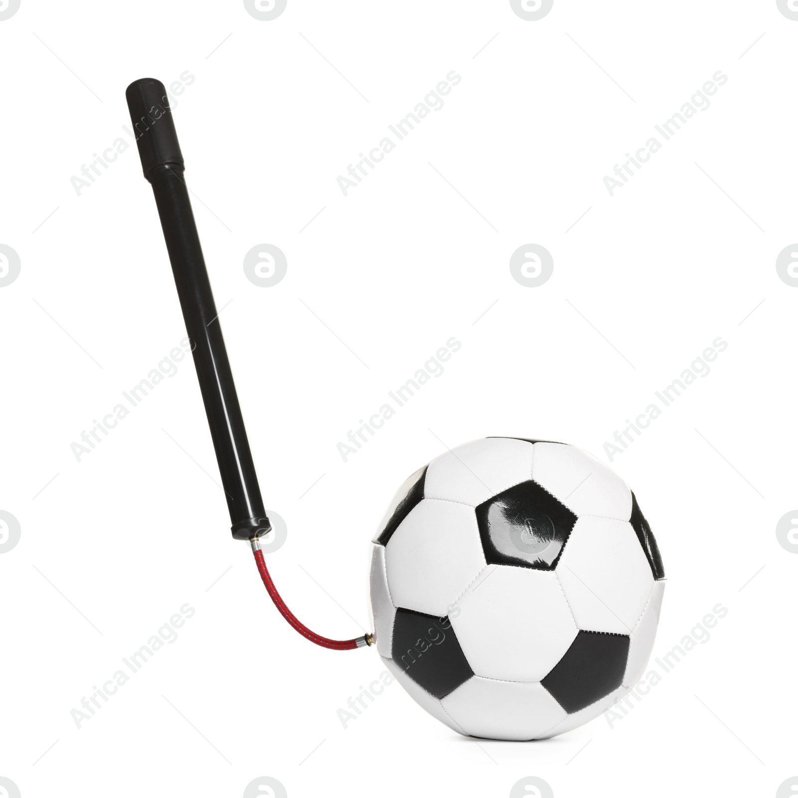 Soccer ball and manual air pump isolated on white Photo of Soccer ball and manual air pump isolated on white