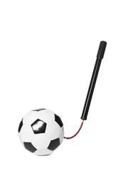 Photo of Soccer ball and manual air pump isolated on white