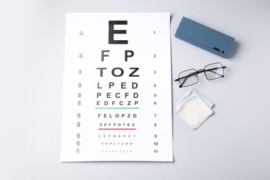 Photo of Vision test chart, glasses, case and cleaning cloth on white background, flat lay
