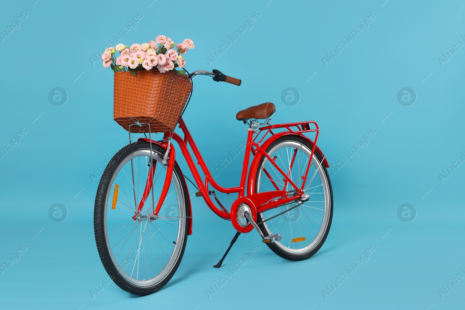 Bicycle with basket of beautiful flowers on light blue background Photo of Bicycle with basket of beautiful flowers on light blue background