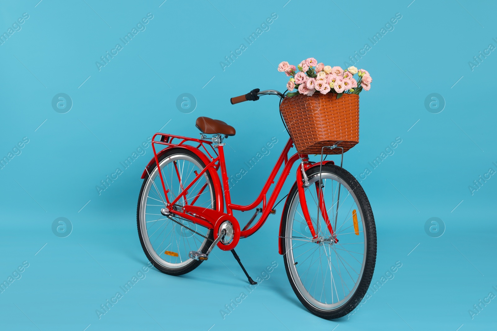 Bicycle with basket of beautiful flowers on light blue background Photo of Bicycle with basket of beautiful flowers on light blue background
