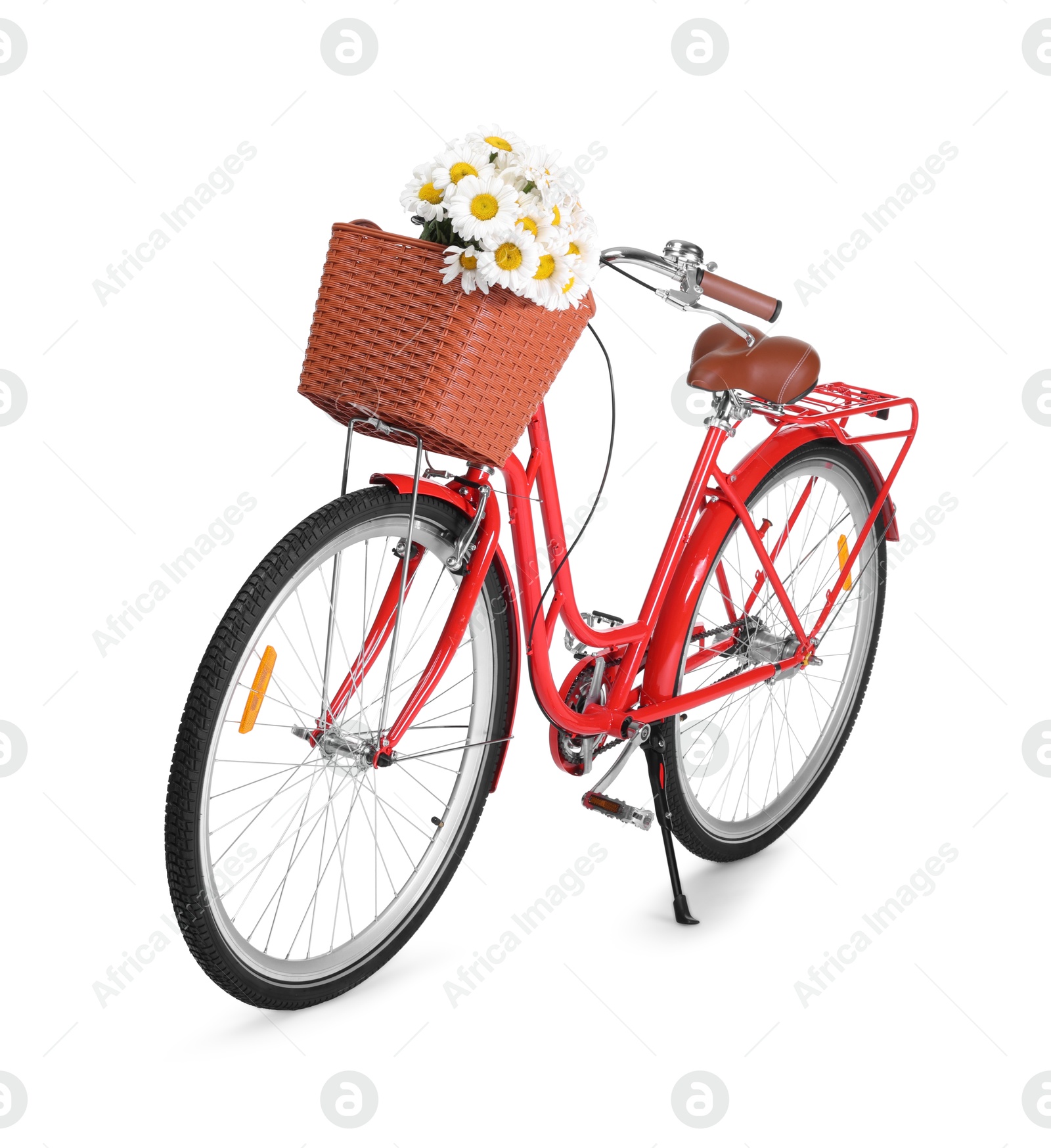 Bicycle with basket of beautiful flowers isolated on white Photo of Bicycle with basket of beautiful flowers isolated on white