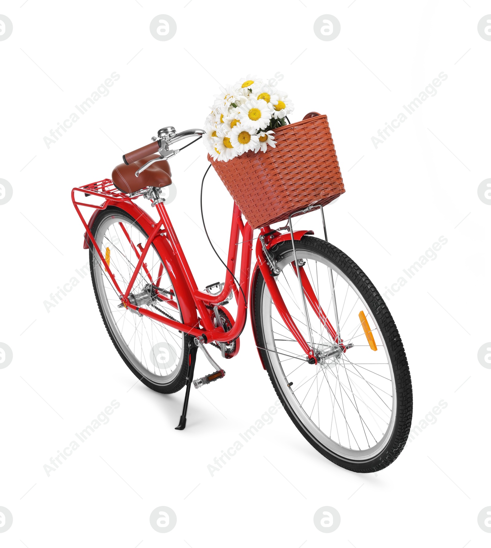 Bicycle with basket of beautiful flowers isolated on white Photo of Bicycle with basket of beautiful flowers isolated on white