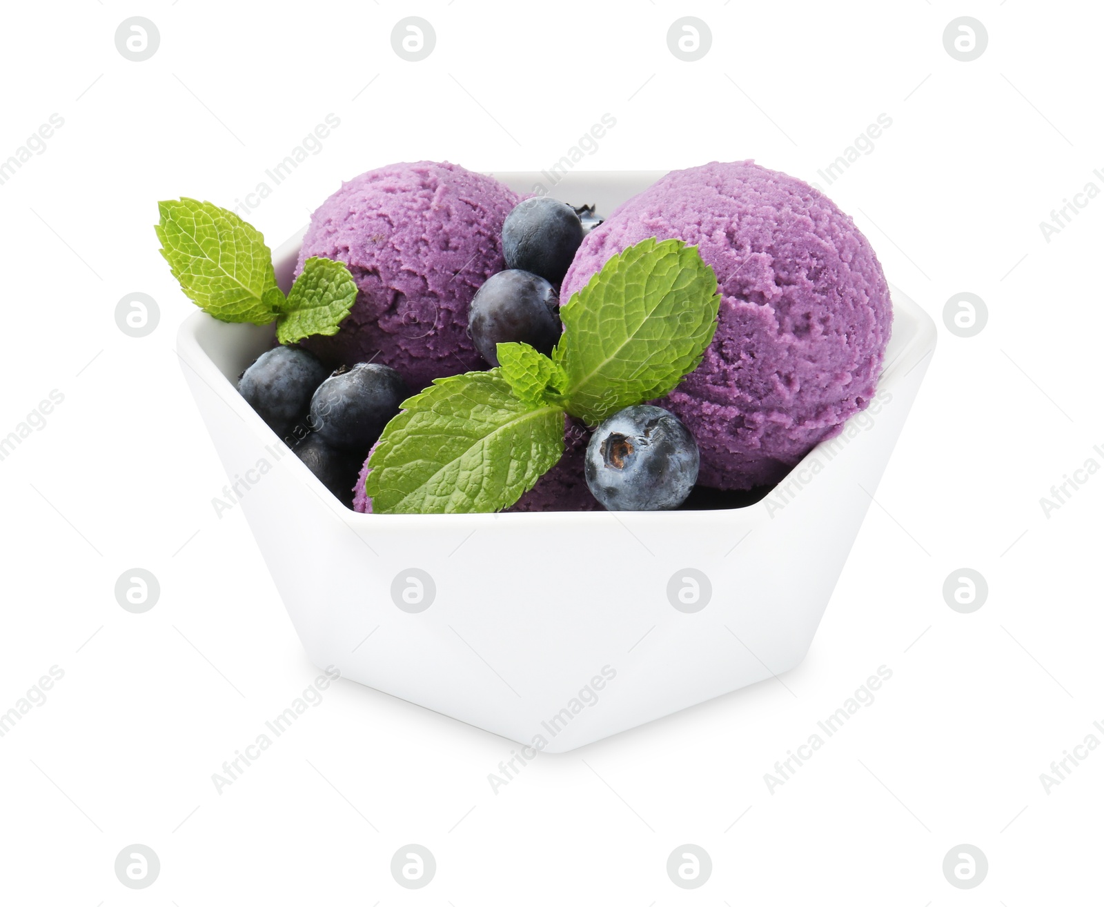 Tasty sorbet with blueberries and mint isolated on white Photo of Tasty sorbet with blueberries and mint isolated on white
