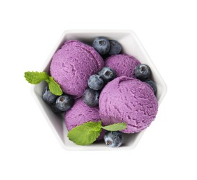 Photo of Tasty sorbet with blueberries and mint isolated on white, top view