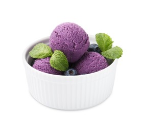 Photo of Tasty sorbet with blueberries and mint isolated on white