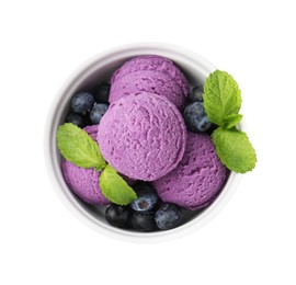 Photo of Tasty sorbet with blueberries and mint isolated on white, top view