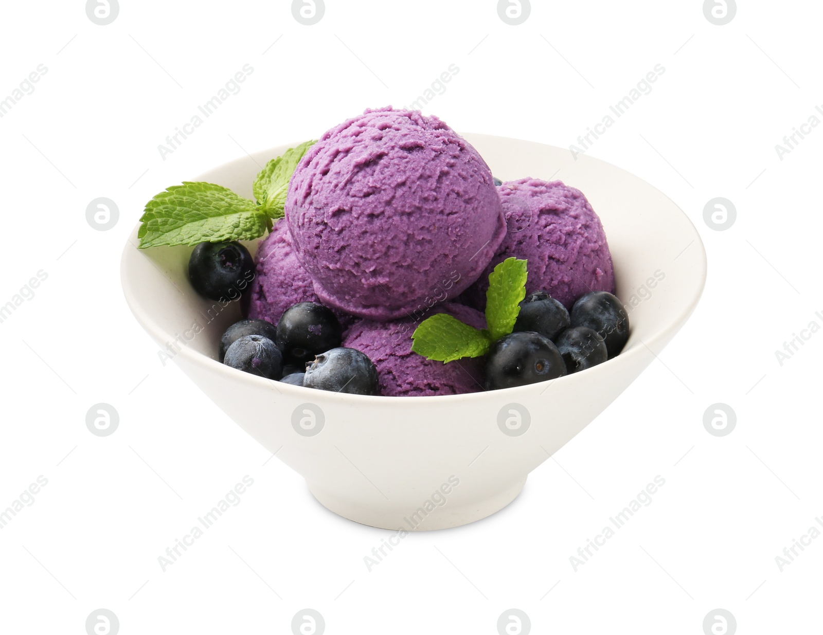 Tasty sorbet with blueberries and mint isolated on white Photo of Tasty sorbet with blueberries and mint isolated on white