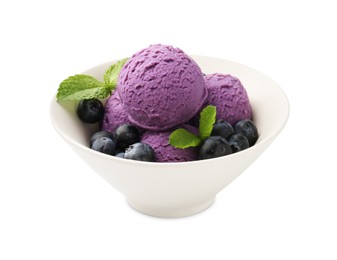 Photo of Tasty sorbet with blueberries and mint isolated on white