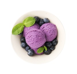 Photo of Tasty sorbet with blueberries and mint isolated on white, top view