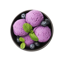 Photo of Tasty sorbet with blueberries and mint isolated on white, top view