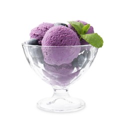 Photo of Tasty sorbet with blueberries and mint isolated on white