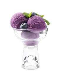 Photo of Tasty sorbet with blueberries and mint isolated on white
