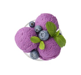 Photo of Tasty sorbet with blueberries and mint isolated on white, top view