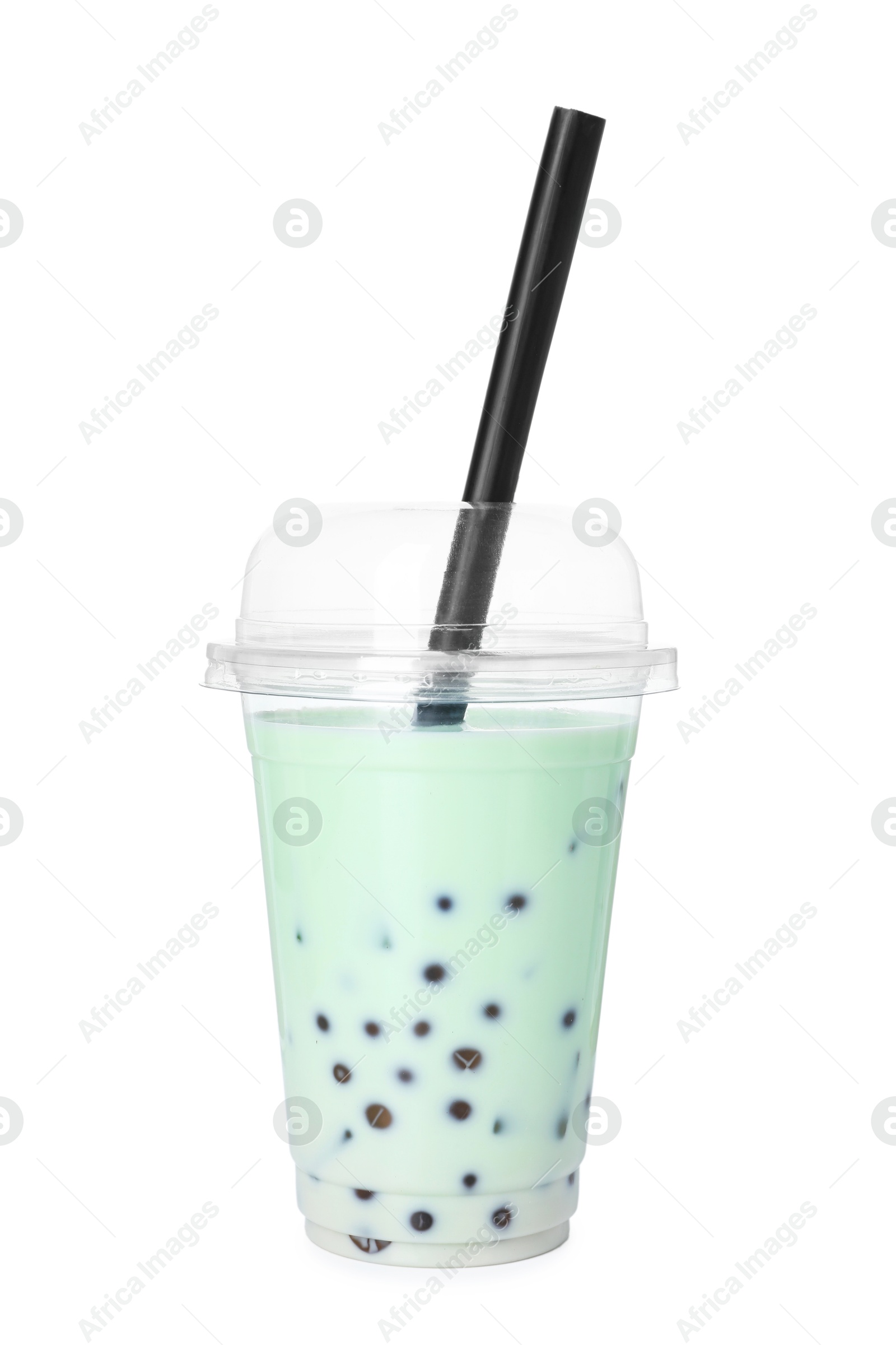 Tasty milk bubble tea in plastic cup isolated on white Photo of Tasty milk bubble tea in plastic cup isolated on white