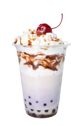 Photo of Tasty milk bubble tea in plastic cup isolated on white