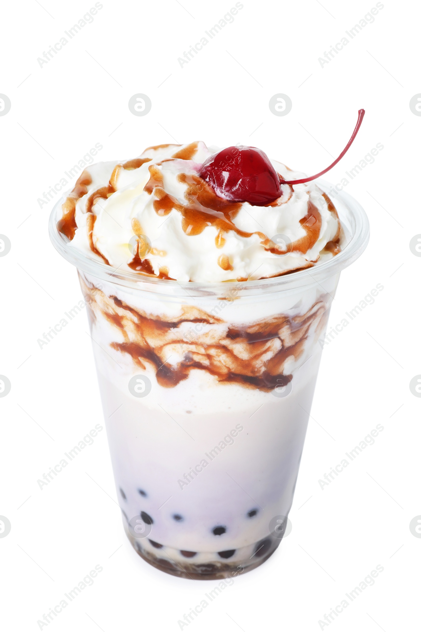 Tasty milk bubble tea in plastic cup isolated on white Photo of Tasty milk bubble tea in plastic cup isolated on white
