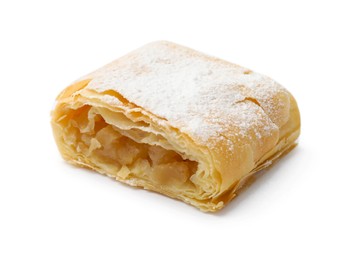 Photo of Piece of tasty apple strudel with powdered sugar isolated on white
