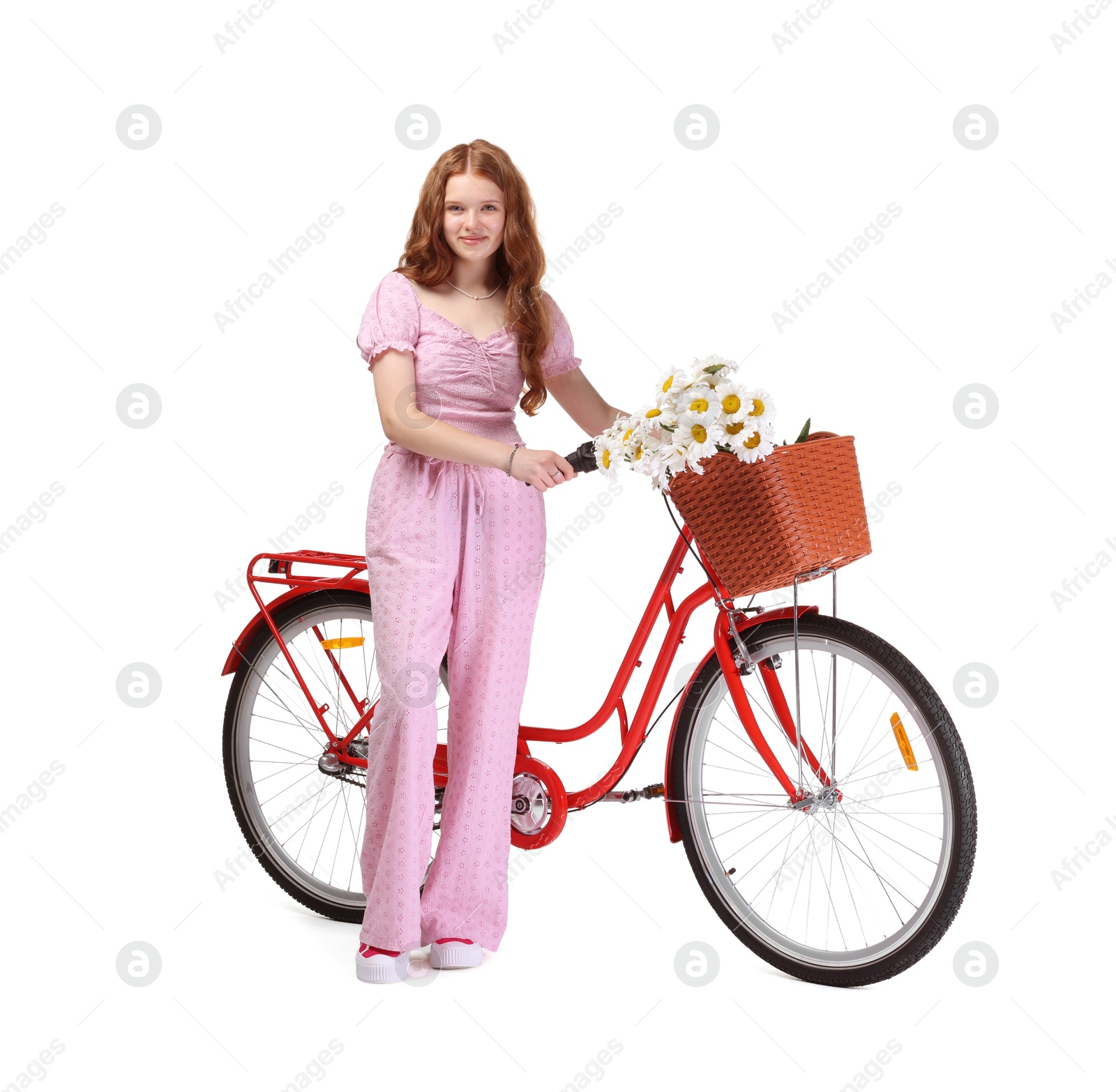 Beautiful teenage girl and bicycle with basket of flowers against white background Photo of Beautiful teenage girl and bicycle with basket of flowers against white background