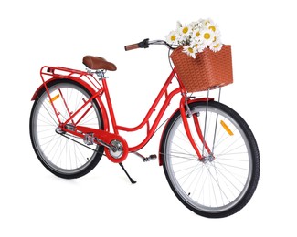 Photo of Bicycle with basket of beautiful flowers isolated on white