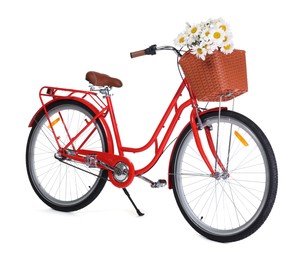 Photo of Bicycle with basket of beautiful flowers isolated on white
