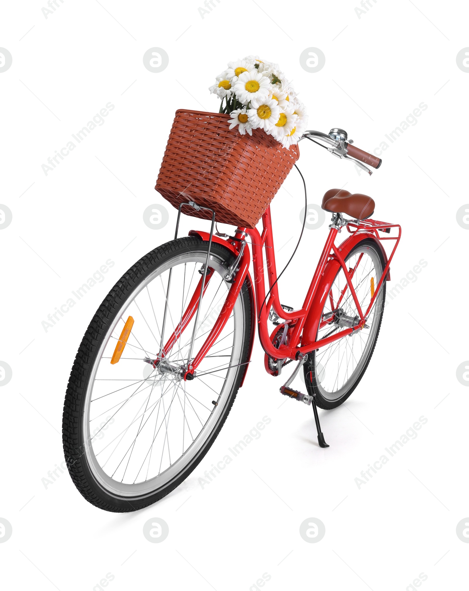 Bicycle with basket of beautiful flowers isolated on white Photo of Bicycle with basket of beautiful flowers isolated on white
