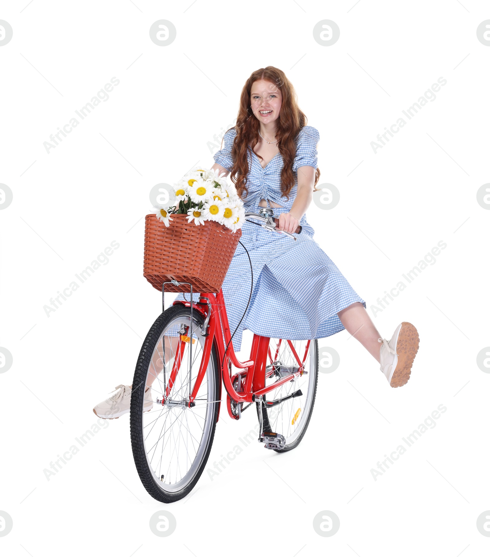 Smiling teenage girl riding bicycle with basket of flowers against white background Photo of Smiling teenage girl riding bicycle with basket of flowers against white background
