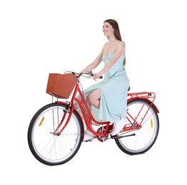 Photo of Smiling woman riding bicycle with basket on white background