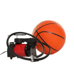 Photo of Basketball ball and air compressor isolated on white