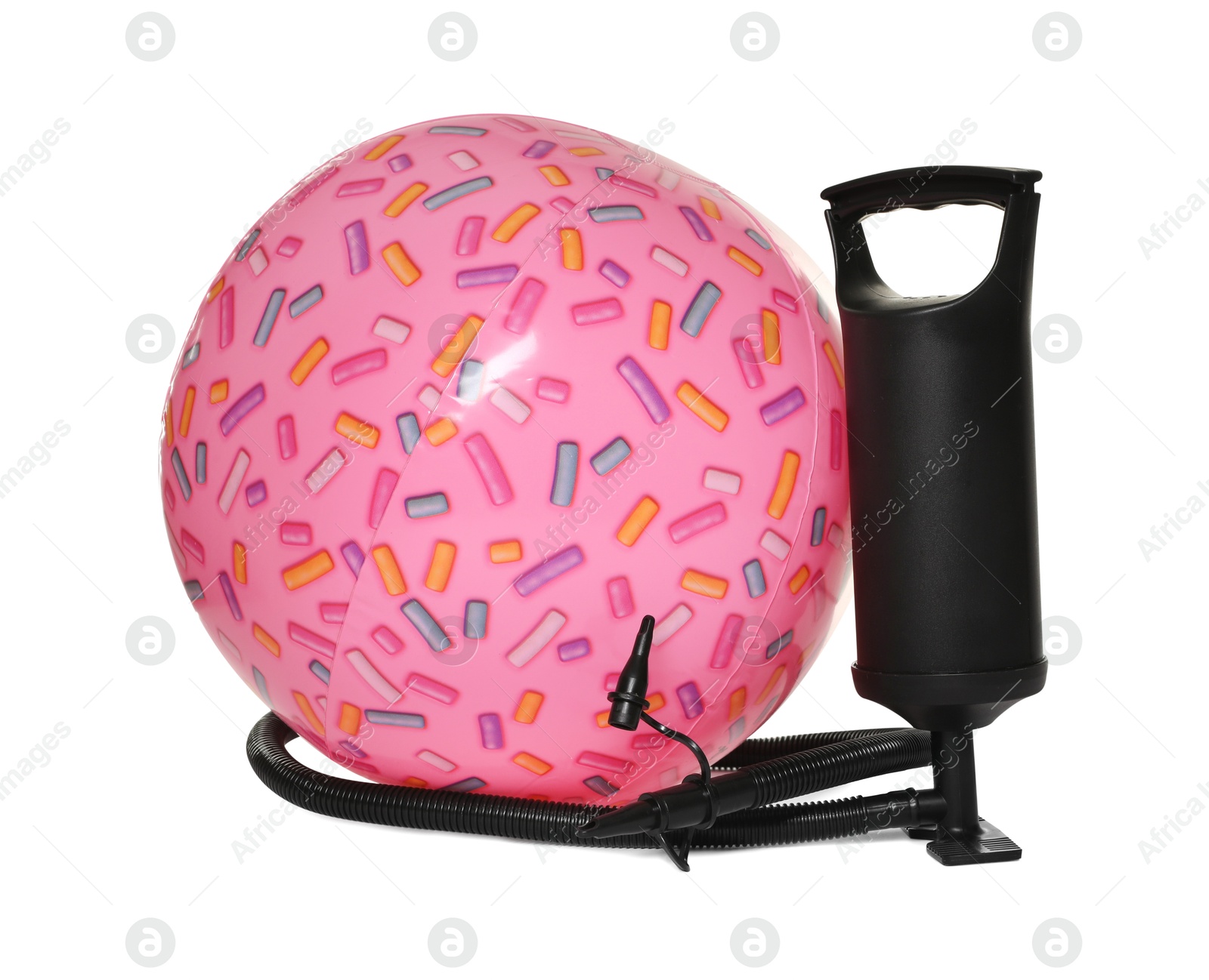 Inflatable ball and manual air pump isolated on white Photo of Inflatable ball and manual air pump isolated on white