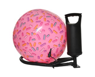 Photo of Inflatable ball and manual air pump isolated on white